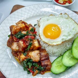 Crispy Pork Belly with Basil and Rice